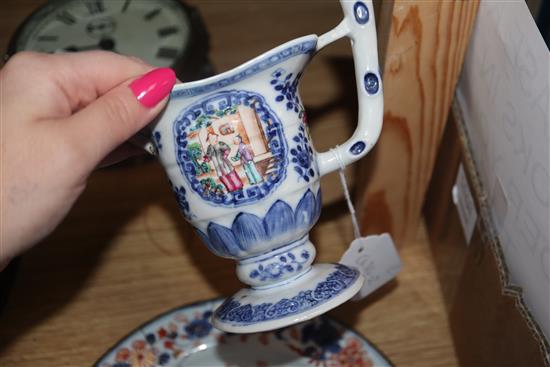 A Chinese blue and white jug with figural painted scene, a blue and white vase and a dish